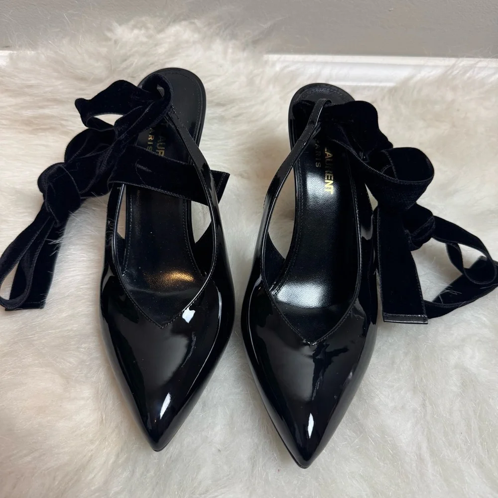 Saint Laurent Kika 55 Lace Up Patent Leather Sling Back Heels - Picture 4 of 11